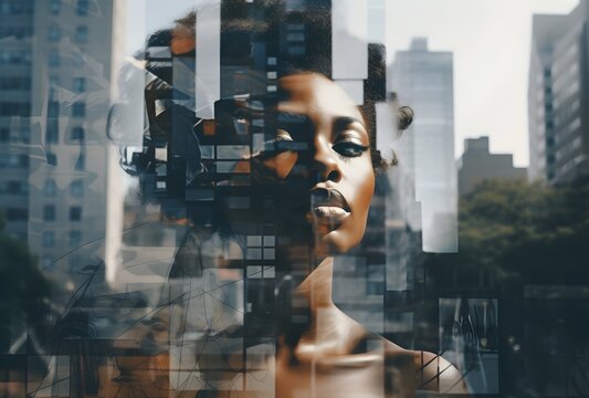 portrait of a woman against the background of a photo of New York, photo with double exposure, symbol of femininity, symbol of America