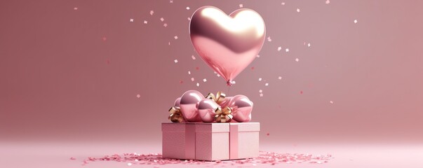 Pink heart shaped balloons and a pink gift box, concept of Love