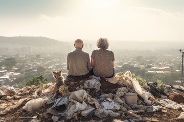 Senior couple sitting on garbage hill back view, concept of Waste management