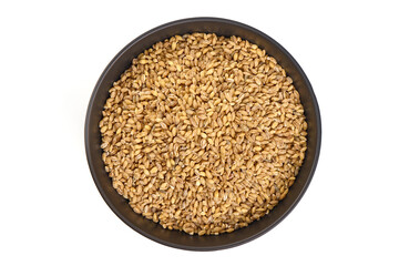 Barley groats in bowl, isolated on white background.