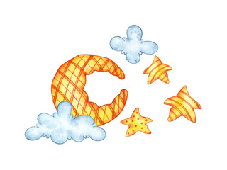 Watercolor illustration of child's drawing of orange stars moon clouds isolated on white background. Design concept for poster, card, banner, clothing, wallpaper, wrapping paper, packaging,