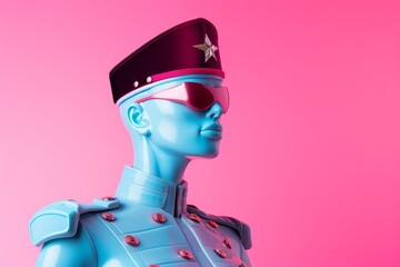 Fototapeta premium Close up portrait of a mannequin doll, woman soldier in uniform with sunglasses. Minimal concept of women's army forces historical fiction or anti-war and fashion campaign, pastel colors, pink, blue