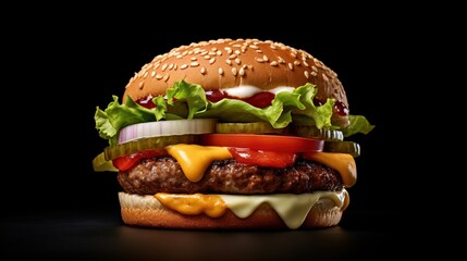 delicious and fresh burger on black background view - obrazy, fototapety, plakaty
