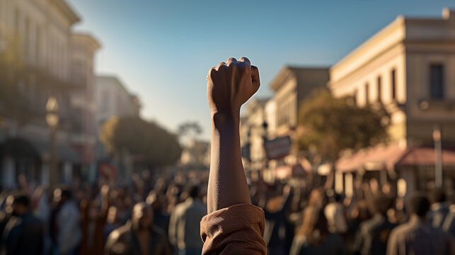 Raised arm with clenched fist, black African American activism, fighting against racism and human rights for equality and social justice protest