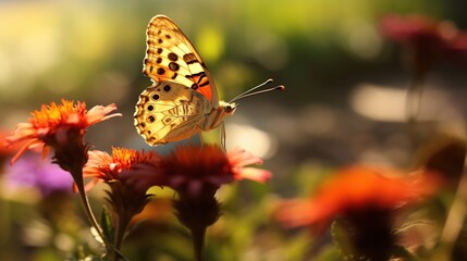 Butterflies land on colorful flowers.