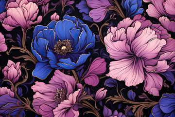 Elegant floral pattern in purple blue - obrazy, fototapety, plakaty