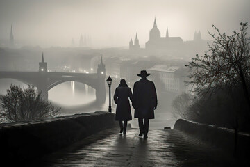 Loving couple walking hand in hand in Prague