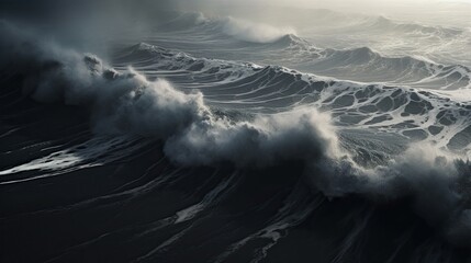 Strong waves striking the black sand, top view 