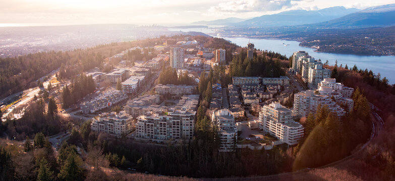 Buildings and Homes on Burnaby Mountain. Aerial Panorama.