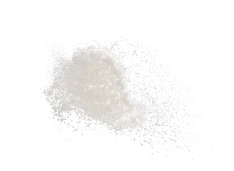 Photo image of throwing snow fly in air. Snows Freeze shot on black background isolated overlay. Fluffy White snowflakes splash cloud in falling down. Real Snow throwing shower