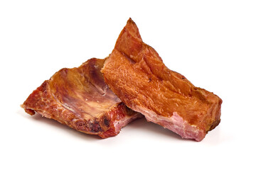 Smoked pork ribs, close-up, isolated on white background.