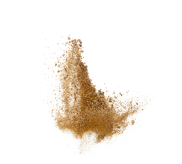 Gold ore nugget mix sand explode from Mining. Golden ore grain powder explosion with sand stone gravel in gold Mining industry. White background Isolated throwing freeze stop motion