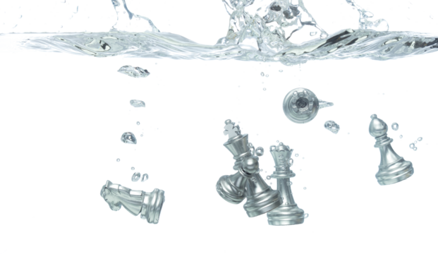Silver Chess many Figure throw fall into clear water with air bubble. Unpredictable failure of business plan strategy and human resources organization risk management. White background isolated