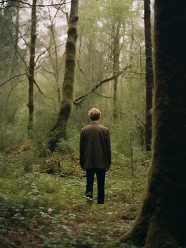 Suited man in lush forest