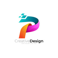 P logo with pixel design technology, 3d colorful design, square icon - obrazy, fototapety, plakaty