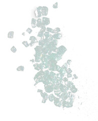 Plexiglass broken in many pieces. Green plexiglass broken glass hit impact and scatter with sharp and risk edge glass. Window crash smash explode to plexiglass broken glass. Black background isolated