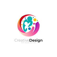 Hand care logo and family design, 3d colorful icons, affectionate hug icon