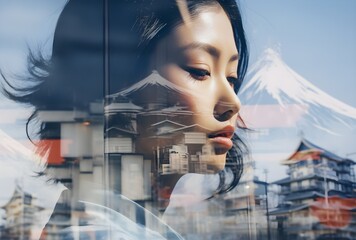 portrait of a woman against the background of a photo of Japan, photo with double exposure, symbol...
