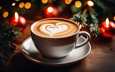 Obraz premium latte art coffee with heart on Christmas decorated background