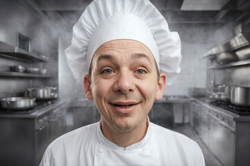 Smiling male chef in white uniform and hat in a commercial kitchen with stainless steel equipment.