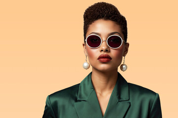 Fashionable woman with short curly hair wearing oversized pearl earrings and stylish sunglasses against a peach background.