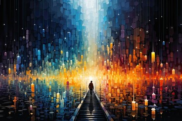 Pixel Pandemonium with fountain of light - obrazy, fototapety, plakaty
