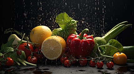 fresh vegetables, fruits and splashes of water, on a dark background, High resolution collage for...