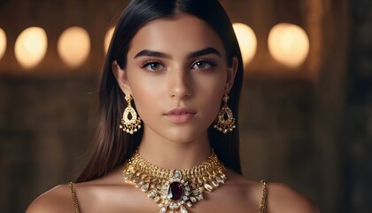 beautiful gen Z model focusing on camera,wearing a single stone jewelery,close up, amazing background, amazing lighting