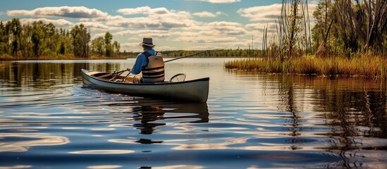 a man rowing a canoe on a calm lake with sunlight. - Powered by Adobe