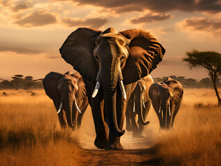herd of elephants in the African plains
