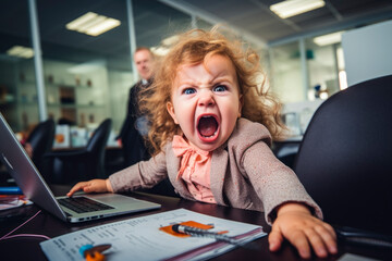 Turbulent Workplace. Angry Toddler Girl Sitting in Office with Frustrated and Failed Boss. Unruly Office Atmosphere concept. AI Generative - obrazy, fototapety, plakaty