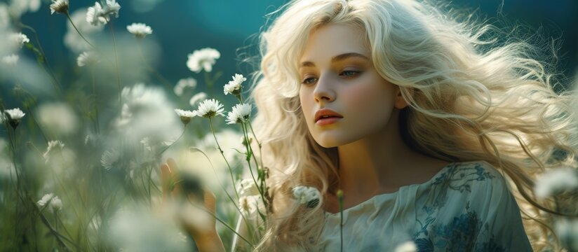 In the beauty of nature the girl with white hair ran through the green grass holding a vibrant flower in her hand embodying the colors of summer and the essence of love like a blossoming spr
