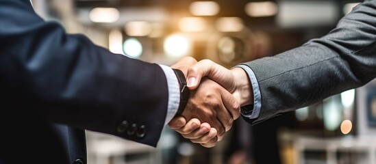two business people shaking hands closely, after successful partnership negotiations. - obrazy, fototapety, plakaty