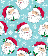 Seamless Pattern of Christmas Vintage Santa Claus with Snowflakes- Christmas Vector Illustration