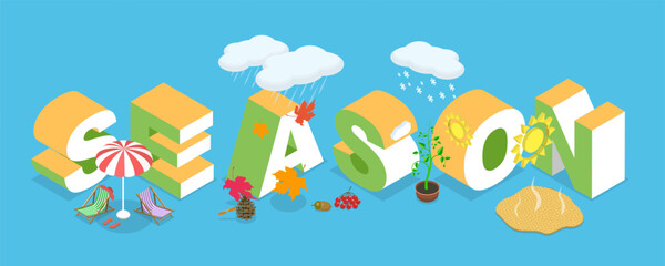 3D Isometric Flat Vector Illustration of Seasons Banner, Spring, Summer, Autumn, Winter