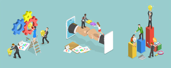 3D Isometric Flat Vector Illustration of Teamwork And Collaboration, Dedicated Team - obrazy, fototapety, plakaty