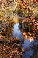 Beautiful autumn mountain landscape with mountain river and waterfalls from a bird's eye view on sunny day. Autumn in the forest. Great Smokey Mountain, SC, USA