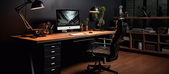 computer in workspace on dark background.