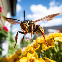 closeup potter wasp flying in garden.