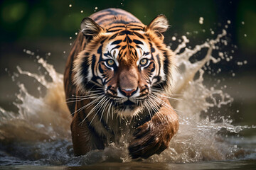 Fototapeta na wymiar Wild Bengal tiger running through the dirty jungle river, splashing the water drops in the air. Focus on tiger's face, and blurred green vegetation in the background