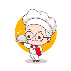 Cute grandfather chef cartoon. Grandpa cooking logo vector art. People Food Icon Concept. restaurant and homemade culinary logo