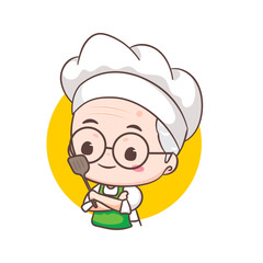 Cute grandfather chef cartoon. Grandpa cooking logo vector art. People Food Icon Concept. restaurant and homemade culinary logo