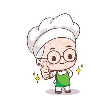 Cute grandfather chef cartoon showing thumb up. Grandpa cooking logo vector art. People Food Icon Concept. restaurant and homemade culinary logo