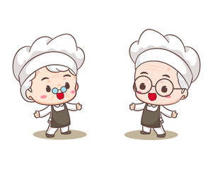 Cute grandfather and grandmother chef cartoon. Grandpa and grandma cooking logo vector art. People Food Icon Concept. restaurant and homemade culinary logo
