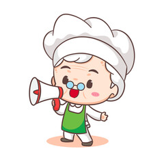 Cute grandmother chef cartoon holding megaphone. Grandma cooking logo vector art. People Food Icon Concept. restaurant and homemade culinary logo