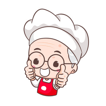 Cute grandfather chef cartoon showing thumbs up. Grandpa cooking logo vector art. People Food Icon Concept. restaurant and homemade culinary logo