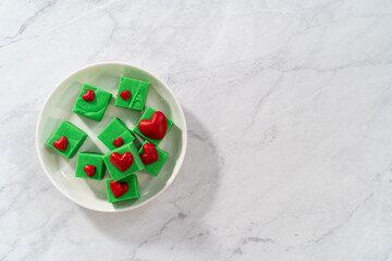 Green fudge with red hearts