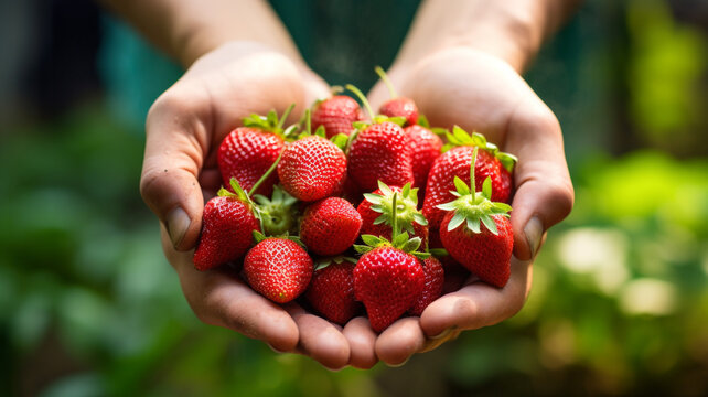 hand of farmer or gradener holding fresh strawberries at the farm in the morning, organic food and healthy food