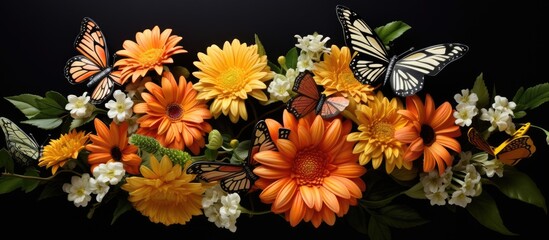 In the beautiful summer garden a colorful bouquet of flowers bloomed attracting a vibrant orange butterfly The white petals adorned with pops of yellow and black created a natural masterpie