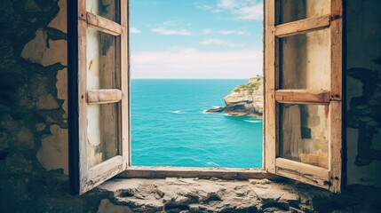 View of the blue sea and endless sky with clouds through an old window 